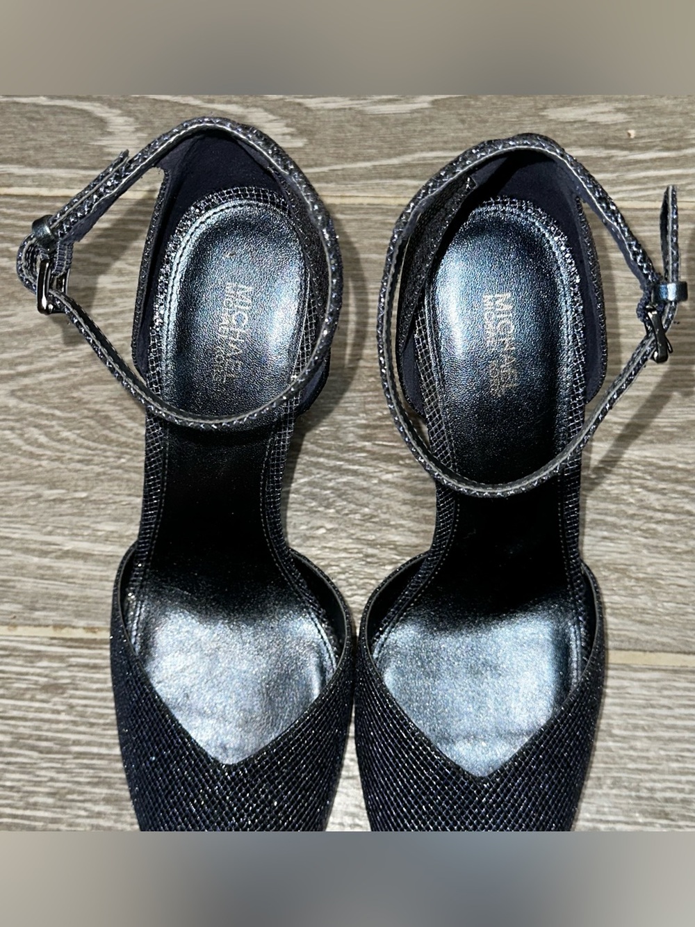 Michael Kors Cambria Open Toe Ankle Strap Metallic Heels Navy Womens 10M Glitter - Picture 7 of 10
